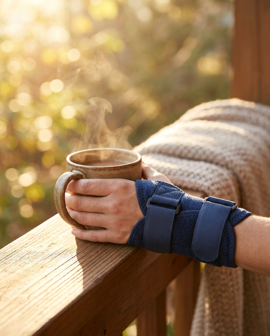 Hand wearing The Wrist Widget holding a warm mug outdoors