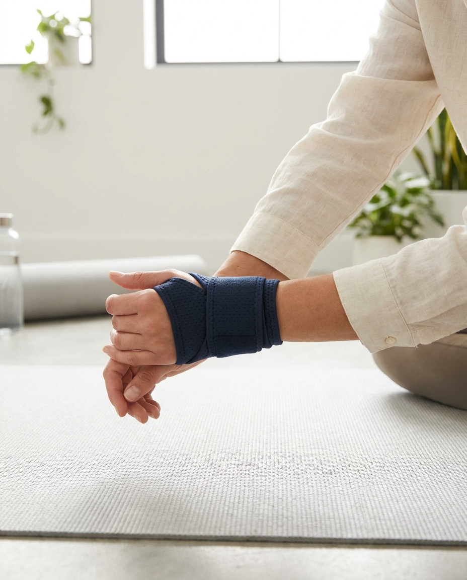 Hands wearing The Wrist Widget while stretching on a yoga mat