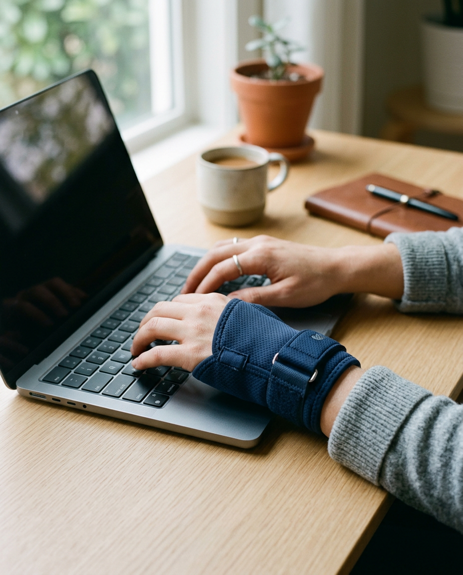 Hands wearing The Wrist Widget while typing at a desk